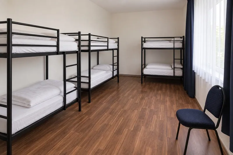 Weitere KI-Ansicht eines Sechser-Hostelzimmers mit drei Etagenbetten