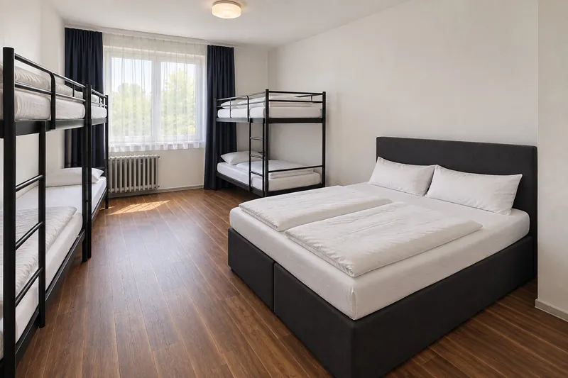 Weitere KI-Ansicht eines Sechsbettzimmers mit Doppelbett und zwei Etagenbetten