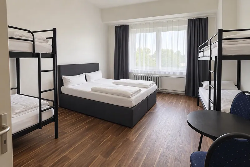 KI-Visualisierung eines Sechsbettzimmers mit Doppelbett und zwei Etagenbetten am Fenster
